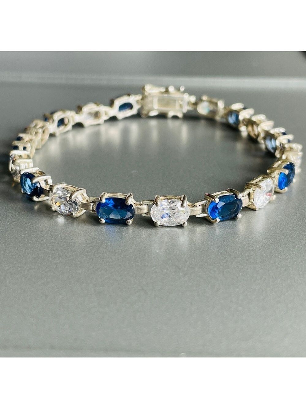 White & Blue Cubic Zirconia Sterling Silver Tennis Bracelet GORGEOUS
